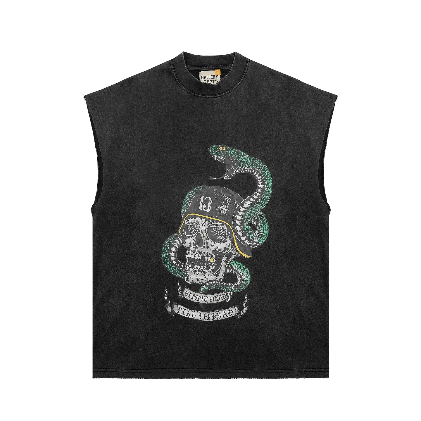 pt model number #G1016 P116 GALLERY DEPT. Old and frayed sleeveless waistcoat short sleeves. Skull and snake year limited edition. Front and back printing. Made of 280G double yarn pure cotton. The fabric is comfortable and stylish. After washing and distressing, the upper body becomes more fashionable and cool. The collar and hem are frayed. The design is full. The US version is too large. Color: washed black, apricot, size S/M/L/XL.